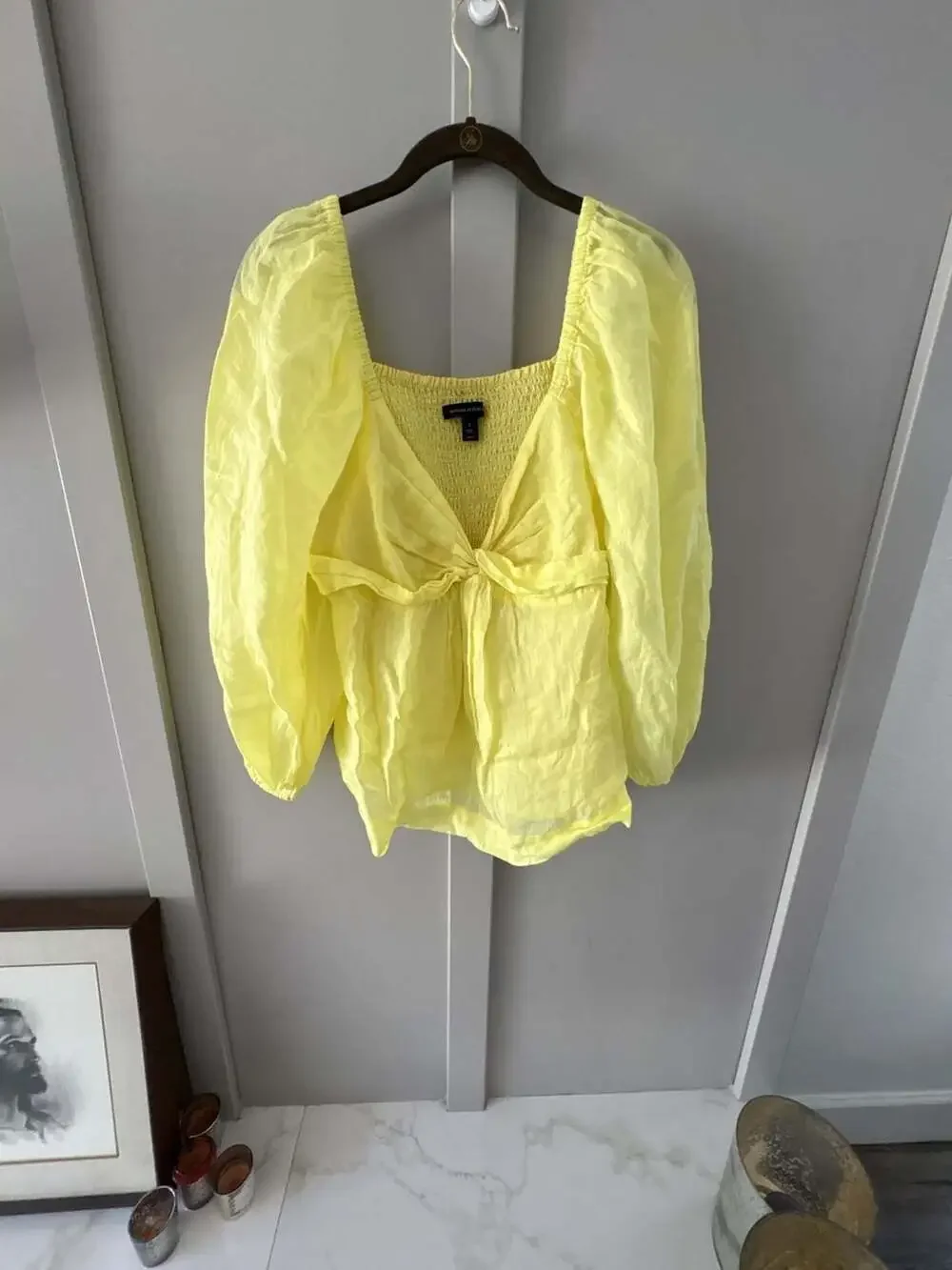 Banana Republic Yellow Twisted Front Puff Sleeve Smocked Square Neck Blouse